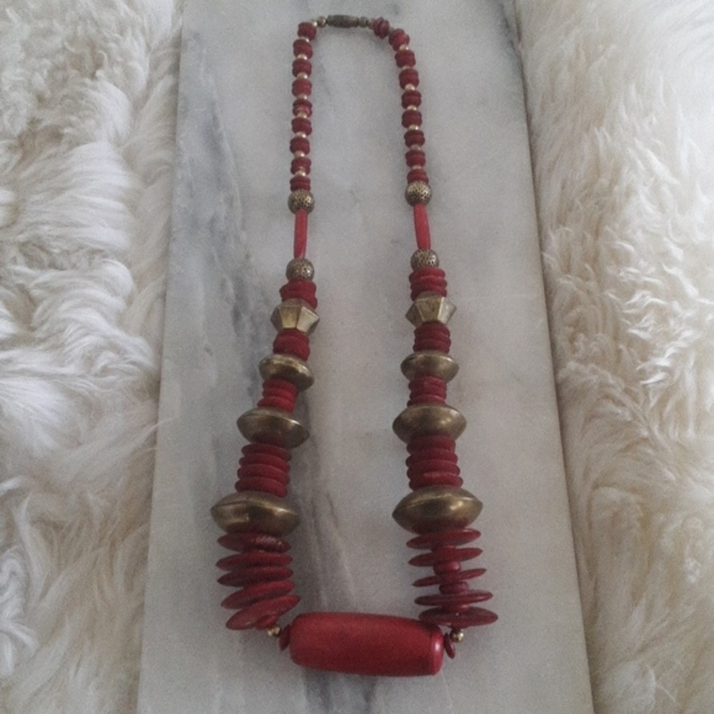 Statement Necklace Wooden  Red and Brass Beads